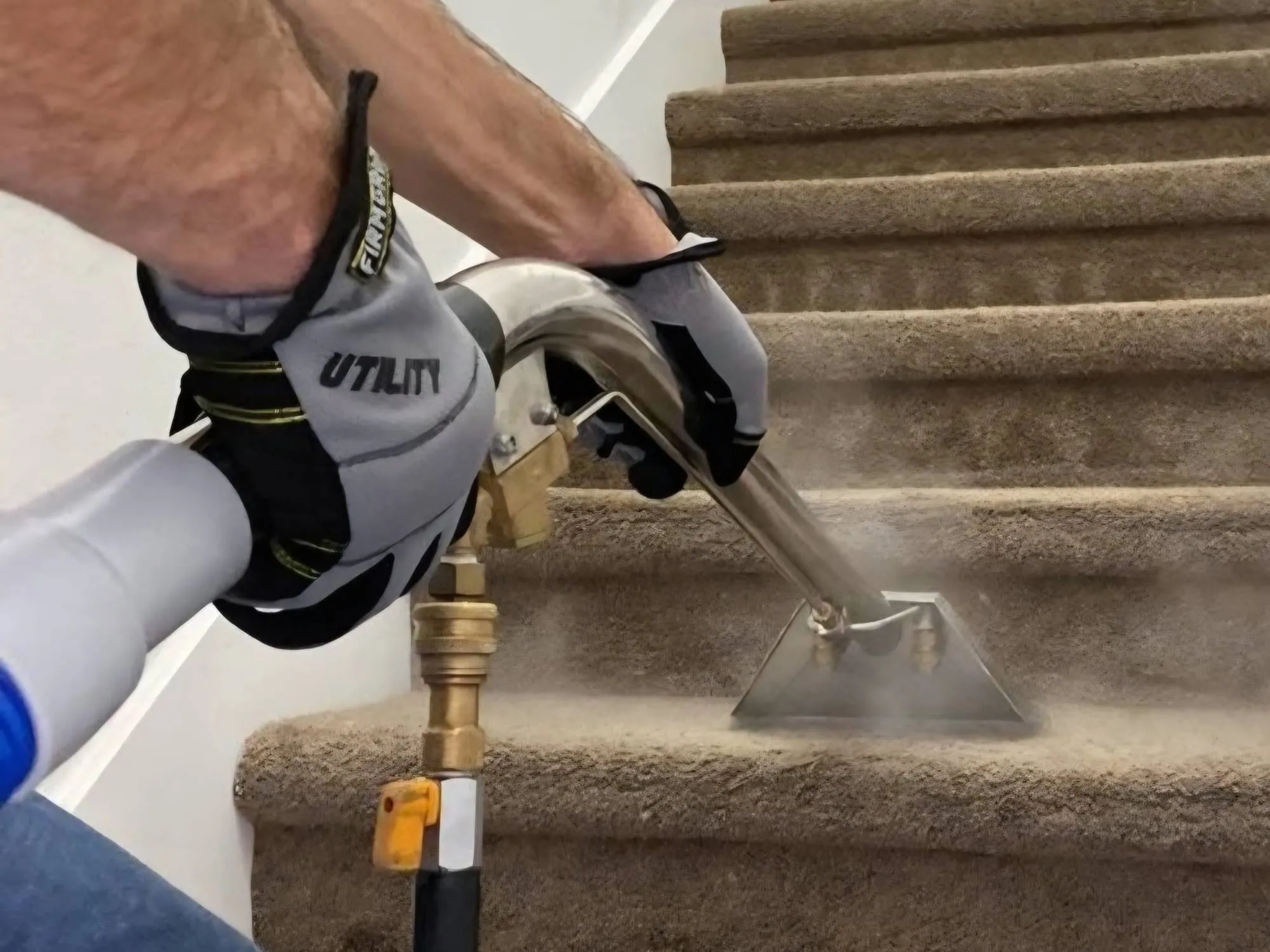 Gloved hands guiding a stainless hand tool across a carpeted stair tread, with steam rising around the head