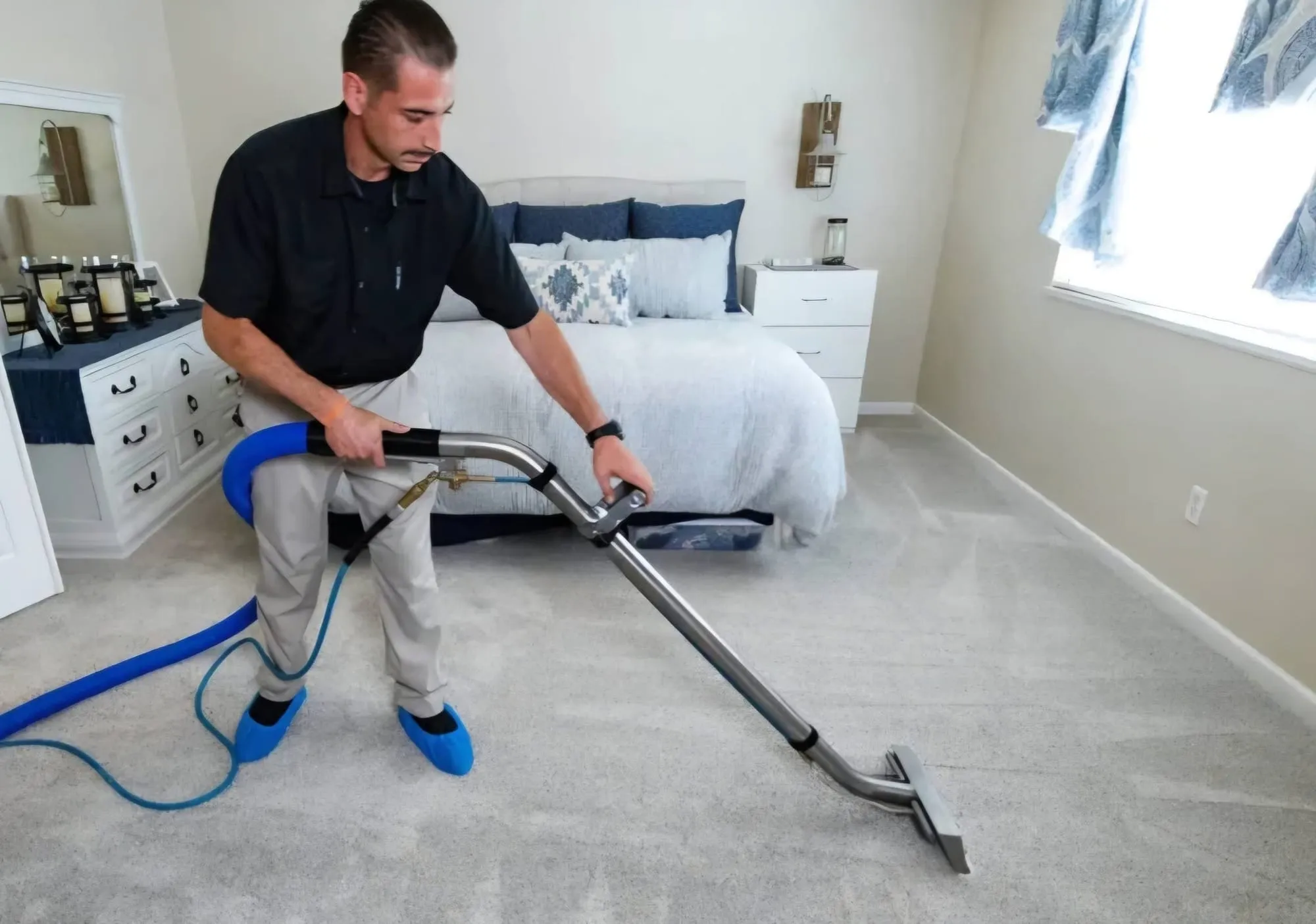 A Park City Carpets technician steam-cleaning the carpet in a Park City bedroom